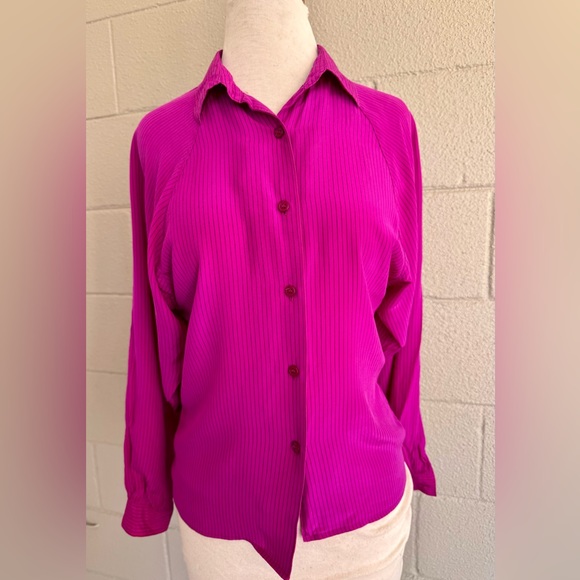 Vtg Fenn Wright & Mason Fuchsia Pink Silk Striped Button Up Blouse Sz 4 Barbie - Picture 2 of 9